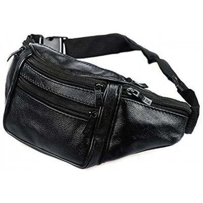 ASAB Bum Bag Fanny Pack Adjustable Waist Money Belt Real Leather Travel Pouch Wallet with 6 Zip Up Pocket Compartments Black