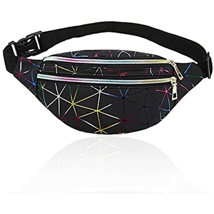 Geometric Bum Bag Waist Bag Holographic Fanny Pack Reflective Color Shiny Belt Bag Unusual for Ladies Travel Party Sports Running Hiking Black