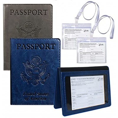 4 Pack Passport and Vaccine Card Holder Combo Passport Holder Cover with Vaccine Card Slot PU Leather Passport Case With CDC Vaccination Card Protector Blue+Grey,