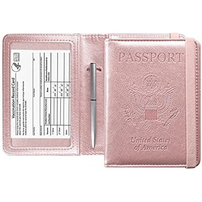 ACdream Passport Holder for Vaccine Card with Elastic Band Premium Leather RFID Blocking Wallet Travel Cover for Passport Credit Card Boarding Passes Vaccination, Rose Gold,