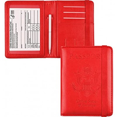 Doulove Passport and Vaccine Card Holder Combo Rfid Blocking Upgrade Multi-Function Travel Wallet Passport Holder with Vaccination Card Slot Passport Cover for Women Men with Pen Red Red,