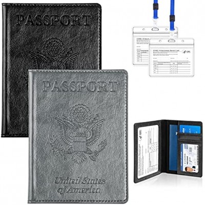 MINLUK Passport and Vaccine Card Holder Combo 2 Pack PU Leather Waterproof Passport Holder With Vaccine Card Slot Passport Cover Case Passport Wallet for Women Men Black+Gray,