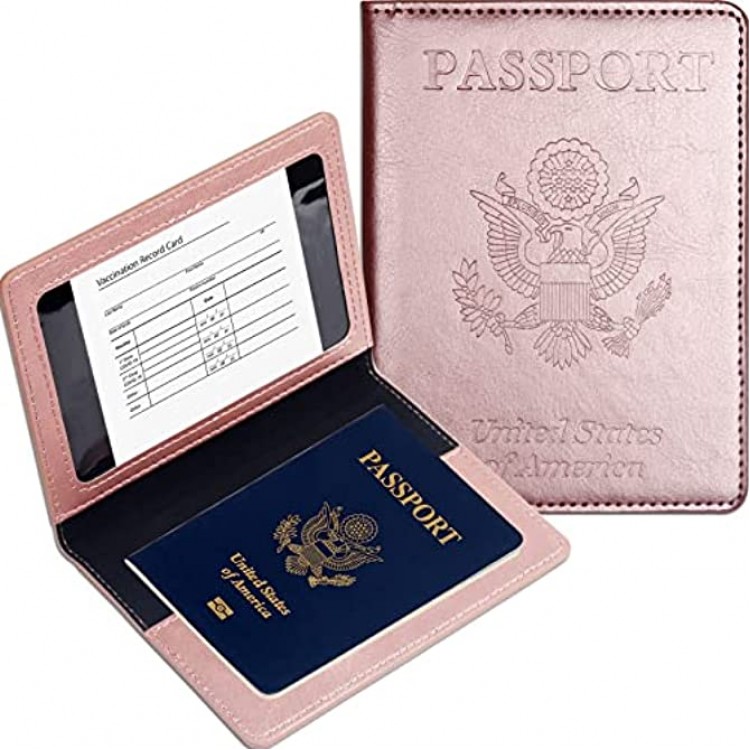 Passport and Vaccine Card Holder Combo Passport Holder with Vaccine Card Slot Waterproof PU Leather Travel Wallet Passport Holder Ultra Slim Passport Covers for Men and Women Rose gold,