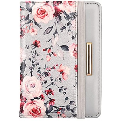 Passport Holder Cover Travel RFID Blocking Passport Cover Rose Gold Cute Flowers Passport Wallet with Elastic Band for Women Grey Flowers Casual