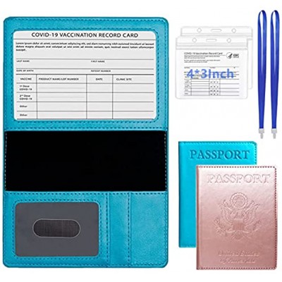 Redify 2Pack Passport and Vaccine Card Holder Combo,PU Leather Passport Cover with Vaccine Card Holder Travel Documents Protector for Women and Men Passport Wallet Sky Blue,Rose Gold,