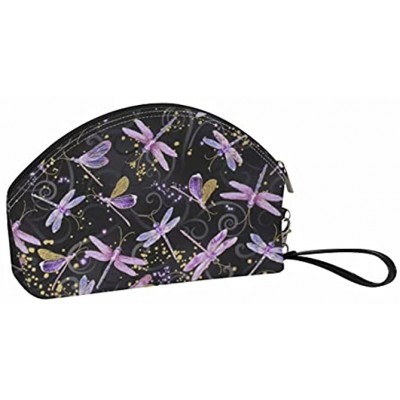 chaqlin Purple Dragonflies Printed PU Leather Cosmetic Bags,Portable Travel Cosmetic Pouch Toiletry Bag Small Half Moon Make up Bags for Girls Women Gifts