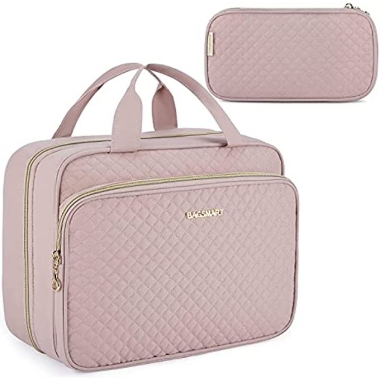 Hanging Toiletry Bag BAGSMART Toiletry Bag for Women with Makeup Brush Bag Water-Resistant Travel Makeup Bag with Hanging Hook for Full Sized Toiletries Makeup Brushes Travel Accessories Pink