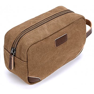 IGNPION Travel Cosmetic Wash Bag Unisex Toiletry Bag Vintage PU Canvas Compact Travel Make up Shaving Dopp Kit with Handle