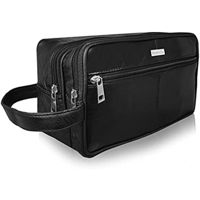 Leather Toiletry Bag Toiletries Wash Bag Soft Black Genuine Leather Great Travel Gym Shower Bags Unisex Men's or Ladies 2 Zipped Compartments Hang Up Carry Handle Roamlite RL215
