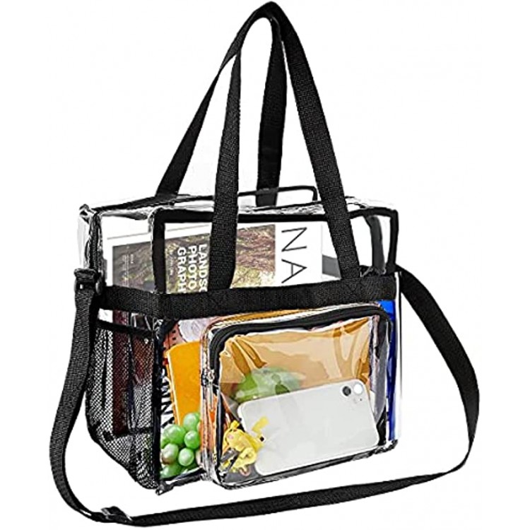 M MUNCASO Clear Tote Bag Large Toiletry Bag Clear Crossbody Makeup Bag Waterproof Transparent PVC Bag with Adjustable Shoulder Strap and Zipper Closure Perfect for Work Sports Games Concert Black