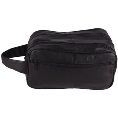 Men's Black Leather Washbag Travel Wash Bag with 2 compartments and handle