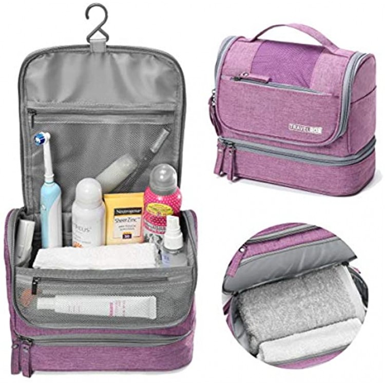 WYTartist Hanging Travel Toiletry Bag for Men and Women with Dry and Wet Separation 2 Layers Design Purple
