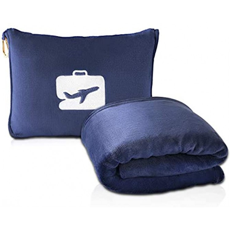 EverSnug Travel Blanket and Pillow Premium Soft 2 in 1 Airplane Blanket with Soft Bag Pillowcase Hand Luggage Belt and Backpack Clip Navy Blue