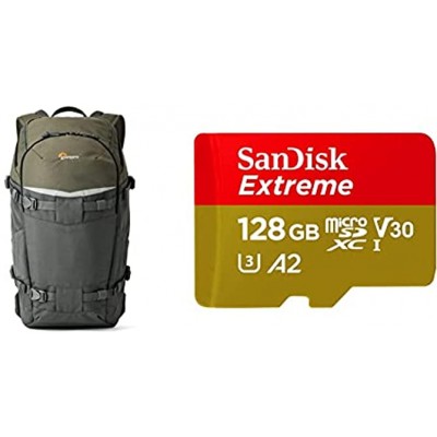 Lowepro Flipside 350 AW Backpack Photography Camera Backpack & SanDisk Extreme 128 GB microSDXC Memory Card + SD Adapter with A2 App Performance + Rescue Pro Deluxe Up to 160 MB s Red Gold
