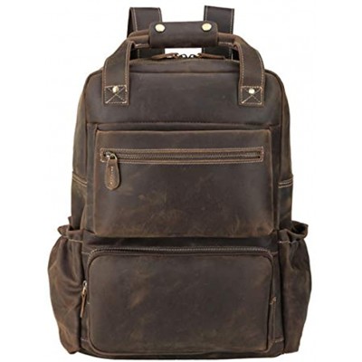 TIDING Full Grain Leather Laptop Backpack 15.6 for men Travel Daypack Business Rucksacks Big with Luggage Strap Brown Detachable Keychain Multi Pockets