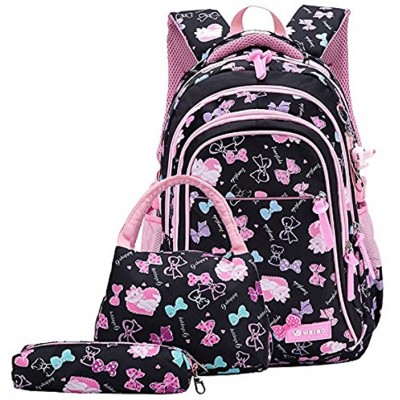 Girls Bowknot Cat Prints Primary School Backpack Set with Lunch Kits 3 pcs Black