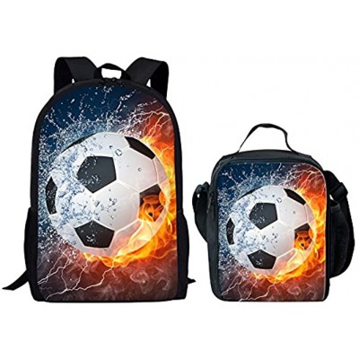 HUGS IDEA 2 Piece Kids School Shoulder Bag Football Lightning Printing Backpack for Teen Boys with Lunch Bag