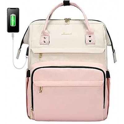 LOVEVOOK Laptop Backpack for Women Fashion Business Computer Backpacks Travel Bags Purse Student Bookbag Teacher Doctor Nurse Work Backpack with USB Port Fits 15.6-Inch Laptop Beige Pink