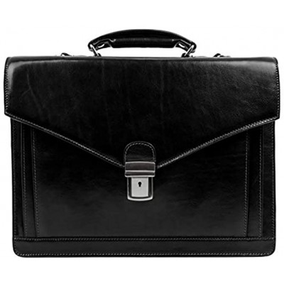Time Resistance Full Grain Leather Briefcase Hand-Crafted Business Attache Shoulder Bag for Men Holds Laptop up to 15 Inch Black