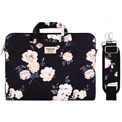 MOSISO Laptop Shoulder Bag Compatible with MacBook Pro 14 inch 2021 M1 Pro Max A2442,Compatible with MacBook Air Pro,13-13.3 inch Notebook Camellia Carrying Briefcase Sleeve with Trolley Belt Black