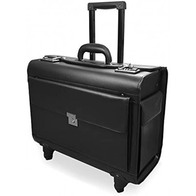 Roamlite Pilot Case with 4 Wheels Hand Luggage Size Wheeled Travel Briefcase for Business with Dual Combination Locks in PU Faux Leather Look – for Men and Women Black RLPC9144K