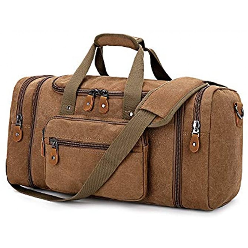 Gonex Expandable Canvas Holdall Bag for Men 40L 50L Large Duffel Bag for Men with Multi-Pockets Overnight Weekend Bag Unisex Holdall Travel Duffle Bag Weekender Bag for Men & Women Coffee