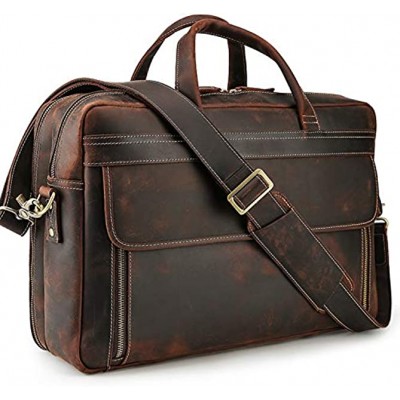 TIDING MensLeather Laptop Bag 17 Inch Business Briefcase Tote Shoulder Bag with Trolley Strap Lare Capacity Multi Pocket YKK Zippers Handbag