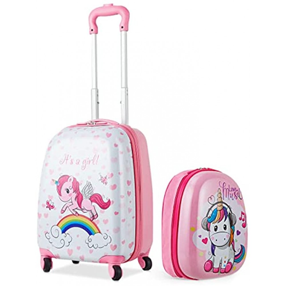 GYMAX 2Pc Kids Luggage Set 12 & 16 Children Hand Trolley Case with 4 Spinner Wheels Carry On Suitcase for Boys & Girls Travel School Pink