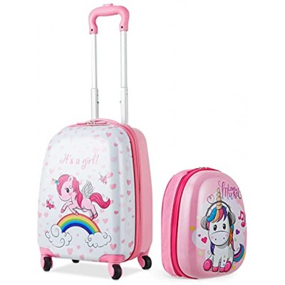 GYMAX 2Pc Kids Luggage Set 12" & 16" Children Hand Trolley Case with 4 Spinner Wheels Carry On Suitcase for Boys & Girls Travel School Pink