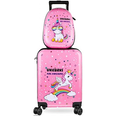 Kid Luggage Case and Backpack 18 Inch Suitcase with Spinner Wheels Hard Shell Travel Luggage 13 Inch Backpack Girl Luggage Set for Kids Travel Suitcase Supplies Unicorn Style Pink