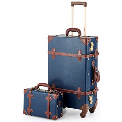 CO-Z Premium Vintage Luggage Sets 24" Trolley Suitcase and 12" Hand Bag Set with TSA Locks Blue Vintage