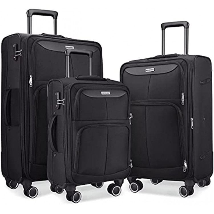 SHOWKOO Luggage Sets 3 Piece Softside Expandable Lightweight & Durable Suitcase Sets Double Spinner Wheels TSA Lock 20in 24in 28in Black,