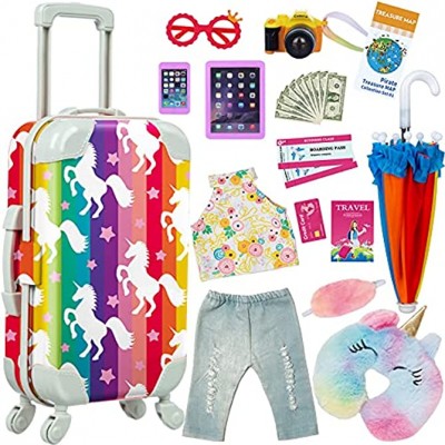 ZITA ELEMENT Fashion 24 Pcs American 18 Inch Girl Doll Clothes and Accessories Suitcase Set for 18 Inch Doll Clothes and Unicorn Pattern Travel Suitcase SetDoll&Shoes Are Not Included