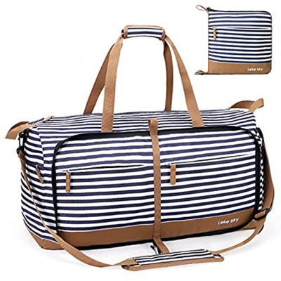 Lekesky Travel Duffel Bag Foldable Weekender Duffle Bag with Shoe Compartment for Women Men Overnight Bags 60L Brown with Striped,