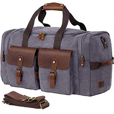 WOWBOX Duffle Bag Weekender Duffel Bag for Men and Women Genuine Leather Canvas Travel Overnight Carry on Bag with Shoes Compartment Grey