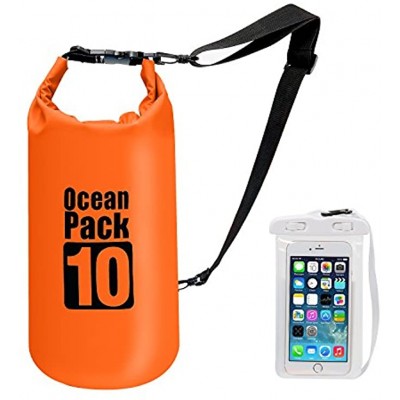 Premium Waterproof Dry Bag with Shoulder Strap 10L Floating Ocean Pack Lightweight Stuff Sack with Cell Phone Bag Outdoor Gear for Traveling Kayaking Hiking Camping Rafting and More Orange