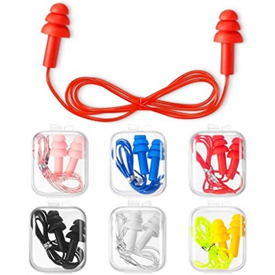 6 Pairs Corded Earplugs Silicone Earplugs for Sleeping Waterproof Ear Plugs with Cord Reusable Earplugs for Noise Cancelling Snoring Swimming Shooting Study