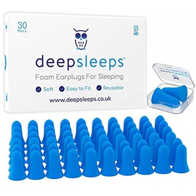 Ear Plugs for Sleeping by Deep Sleeps Reusable Foam Ear Plugs 30 Pairs 37dB of Passive Noise Cancelling Slow Expanding Soft Foam Earplugs for Sleeping Easy to Fit,