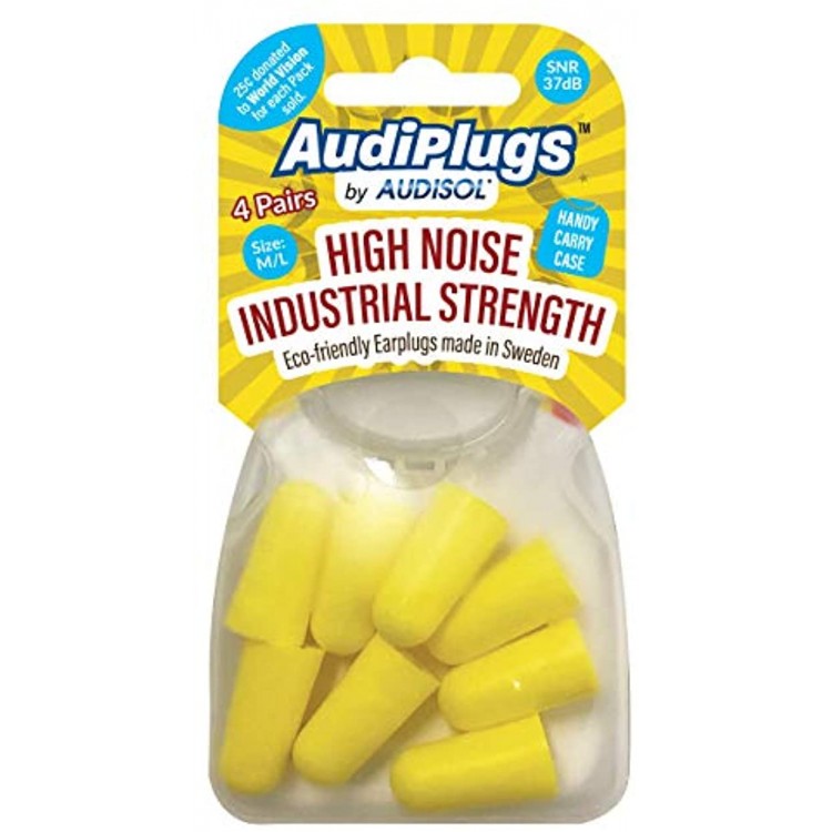 High Noise Reduction Earplugs 37dB Industrial Strength 4 Pairs with Carry Case Size: M L AUDIPLUGS
